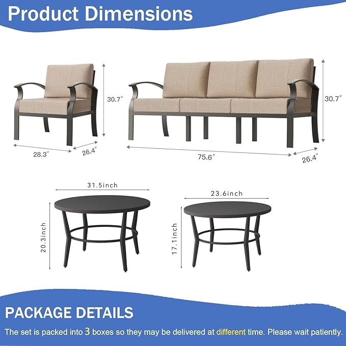 Aluminum Patio Furniture Set with 2 Round Coffee Tables, 5 Seats Outdoor Patio Conversation Sets w/5.1" Cushions,Patio Conversation Sets for Garden, Backyard, Porch-Sand