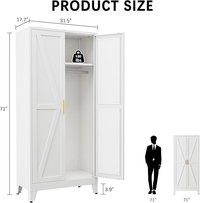 71" Tall Metal Armoire Wardrobe Closet, Clothing Storage Cabinet, Freestanding Wardrobe Cabinet with 4 Adjustable Shelves for Bedroom, Office, Garage