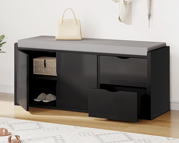 LVB 2-Tier Storage Bench with Padded Seat Cushion, Entryway Bench with 2 Drawers, Removable Barn Doors & Adjustable Shelf, Industrial Shoe Bench for Hallway, Bedroom, Living Room,Black Oak, 40 Inch by LVB