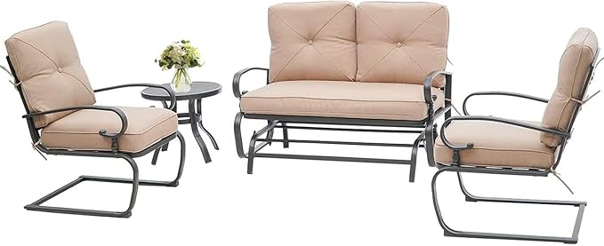 SOLAURA 4-Piece Outdoor Furniture Patio Conversation Sets Swing Glider Loveseat and Spring Lounge Chairs with Side Table for Garden, Deck, Balcony, Poolside, Lawns (Brown)