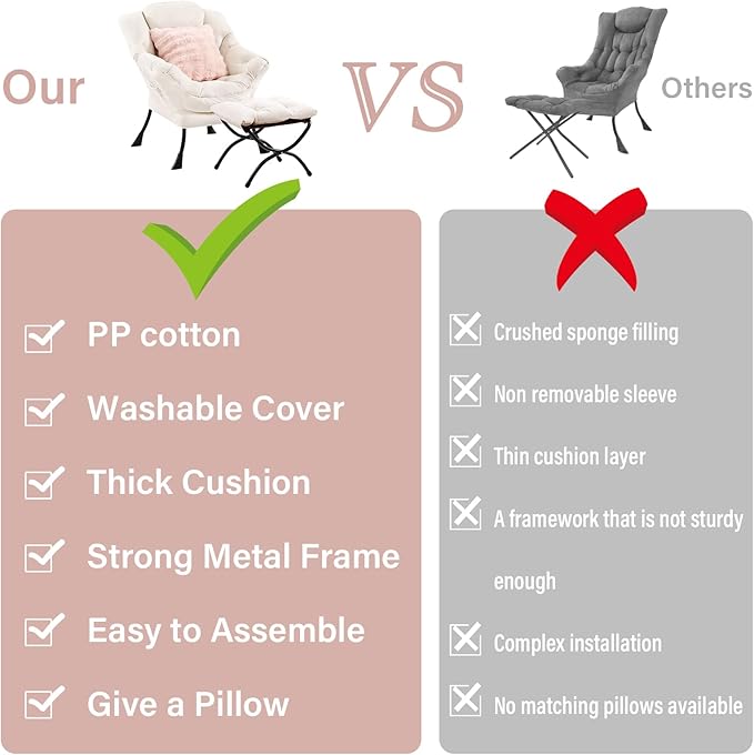 Lazy Chair with Ottoman, Large Accent Chair with Ottoman and a Throw Pillow, Beige Reading Chair for Living Room Bedroom Dorm Room Office Apartment Relaxing Use