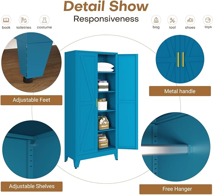 71" Armoire Wardrobe Closet with Hanging Rod & Adjustable Shelves, 2 Doors Blue Armoire Wardrobe Closet, Metal Clothing Storage Wardrobe Cabinet for Bedroom, Laundry Room, Office