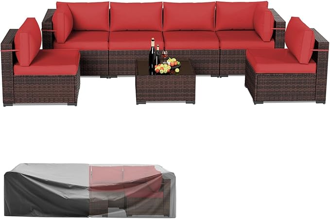 Amopatio Patio Furniture Set Modular Outdoor Sectional 7 Piece Wicker Patio Set, Multiple Combinations Outdoor Sofa w/Coffee Table, Waterproof Cover Included, Burgundy