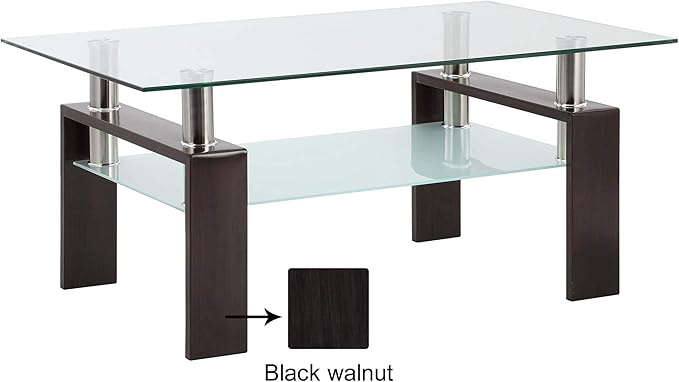 Tempered Glass Coffee Table for Living Room Furniture with 2 Tiers Size 1000X600MM (Walnut Black)