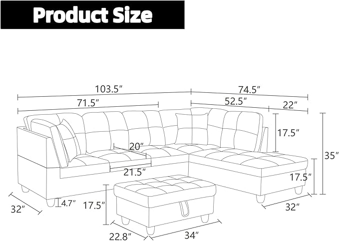 Sectional Couches for Living Room Furniture Sets, 4 Seat L Shaped Couches with Ottoman, Modular Sectional Sofa for Apartment Furniture Sets, Beige and Brown