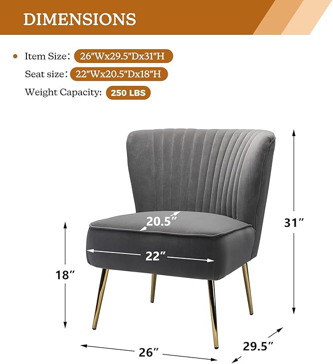 HULALA HOME Velvet Accent Chair, Modern Upholstered Cute Side Chair with Gold Metal Legs, Armless Wingback Slipper Chair Comfy Living Room Chair for Bedroom Guest Room Vanity, Grey