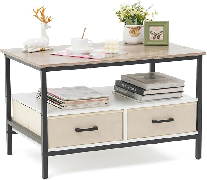 OC Orange-Casual 32" Coffee Table with Storage, 2-Tier Wood Coffee Table with Open Display Shelf & Foldable Drawers, Farmhouse Table with Metal Frame, Small Center Table for Living Room (31.5")
