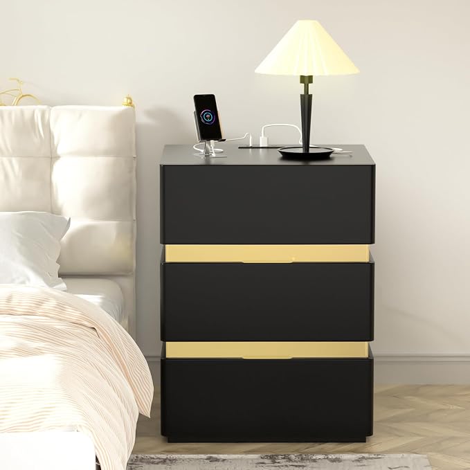 VINGLI LED Nightstand with Charging Station, 3 Drawer Nightstand, Black Nightstand, Acrylic Nightstand, Smart Nightstand, Wood Nightstand Bedroom, Modern Night Stand, Bedside Table, End Table by VINGLI