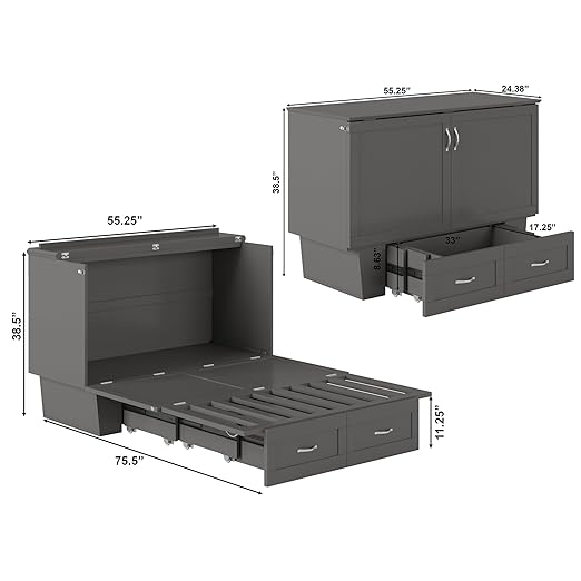 AFI, Chelsea Mid-Century Modern Full Wood Murphy Bed Chest with 6" Mattress, Storage Drawer & Built-in USB Charger, Grey