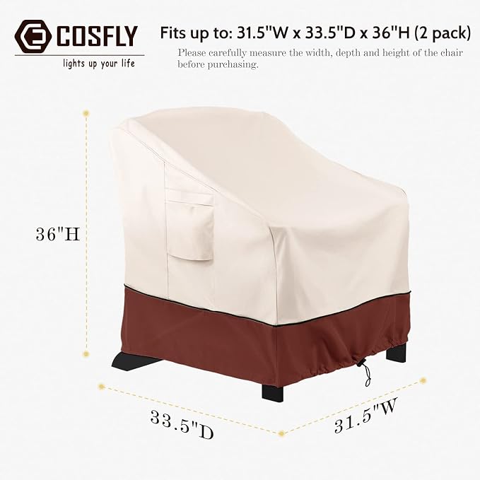 COSFLY Patio Furniture Covers 2 Pack, 600D Waterproof Outdoor Chair Covers for Deep Chairs, All-Weather UV Resistant Protection with Adjustable Straps & Air Vents, Fits up to 31.5"W x 33.6"D x 36"H - Image 2