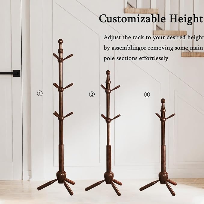Solid Wood Coat Rack Stand, Vintage Heavy Duty Coat Hanger Stand with 9 Hooks, 3 Adjustable Size Sturdy Coat Tree for Living Room, Entryway, Office, Hallway, Brown - Image 4