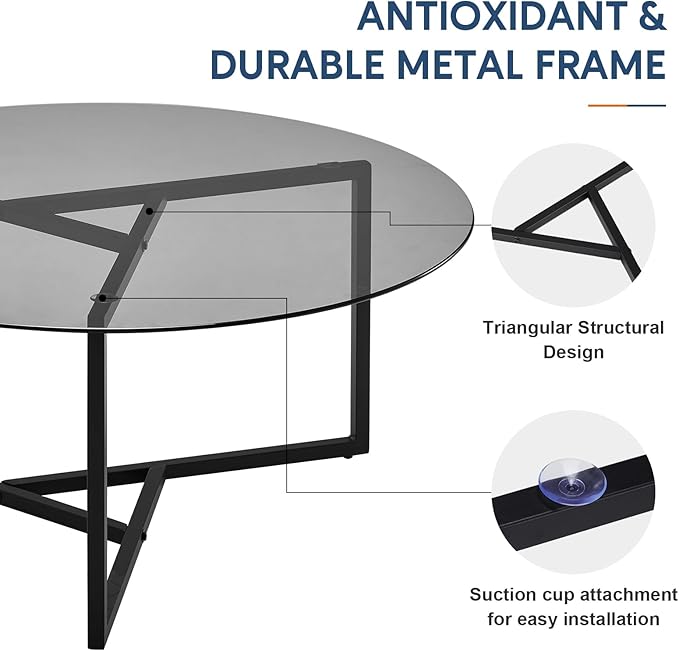 CLIPOP Small Round Coffee Table, Tempered Glass Coffee Table with Triangle Structure Metal Frame, Adjustable Feet Padded, Modern Coffee Table for Living Room, Small Space, Black
