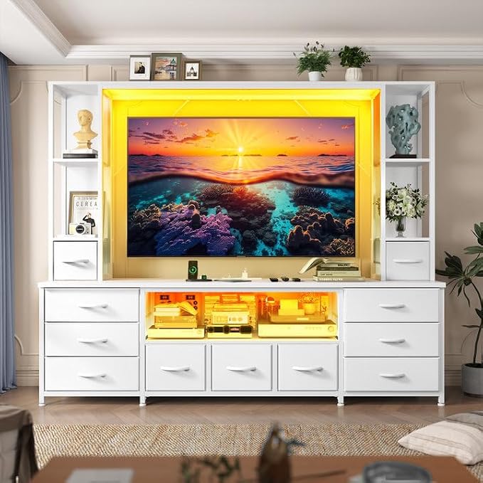 EnHomee 78.6" TV Stand for Living Room, Large Entertainment Center with 11 Fabric Drawers, 2 LED Lights & Power Outlets, Modern Dresser with Storage Shelves, Wall Unit for Bedroom, White - Image 5