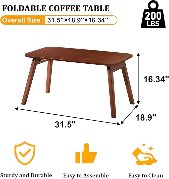 Coffee Table Foldable Mid Century Desk TV Stand with Open Storage Shelf Center Table for Living Room Furniture RV No Assembly, Brown (31.5IN)