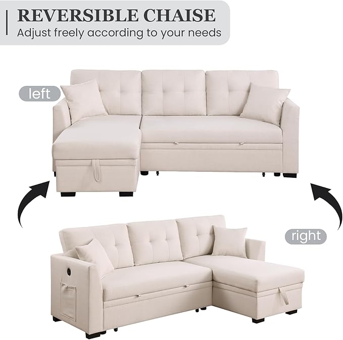 Convertible L-Shape Sofa Bed with Storage Space-Saving, Features Pull-Out Sleeper and Charging Ports for Apartment Living Room and Office, White