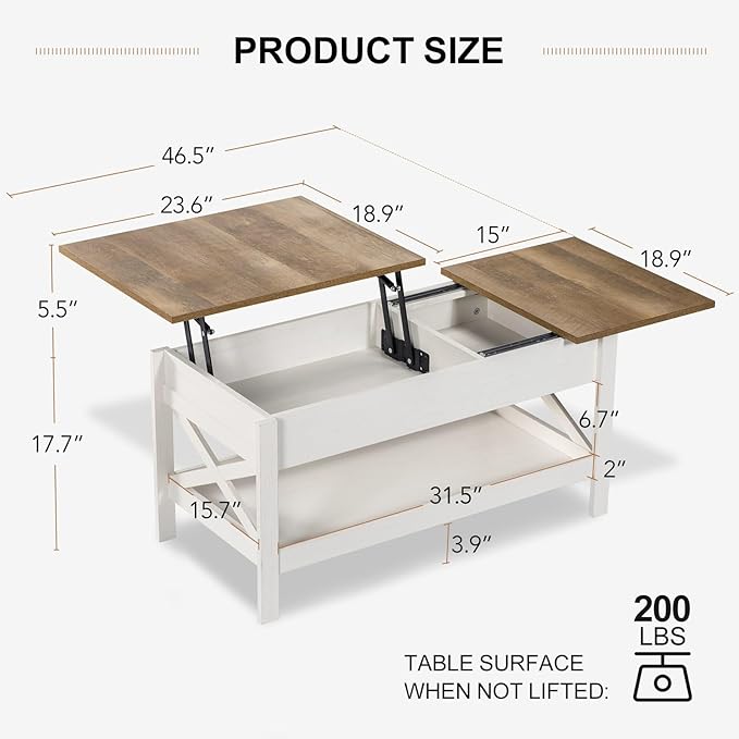 Lift Top Coffee Table with Storage, Small Coffee Table with Hidden Compartment, Dining Center Tables with Lifting Tabletop for Living Room, Home Office