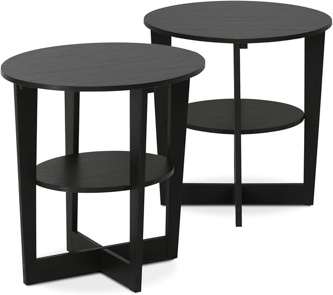 Furinno JAYA Side Table Set of 2, 2-Tier Round Modern End Table with Oval Tabletop, Night Stand, Bedside Table with Open Shelf, for Living Room, Bedroom, Walnut - Image 6