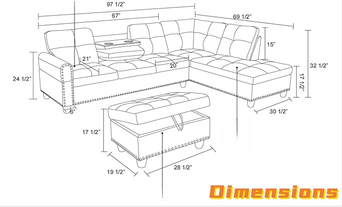 FONTOI L Shaped Sectional Couch with Otttoman, 97" Sectional Sofa for Living Room Flannel Modular Couches with Cup Holders for Bedroom, Apartments, Grey