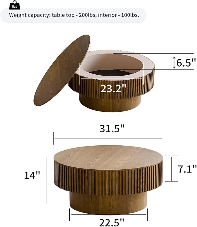 Round Coffee Table with Storage, Modern Wooden Coffee Table with Solid Wood Veneered, Circle Center Table Accent Tea Table for Living Room Apartment Small Space (31.5''L × 31.5''W × 14''H, Brown)