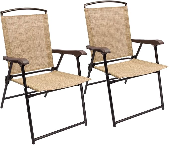 Devoko Patio Folding Chair Deck Sling Chair Camping Garden Pool Beach Using Chairs Space Saving Set of 2 (Beige) by DEVOKO