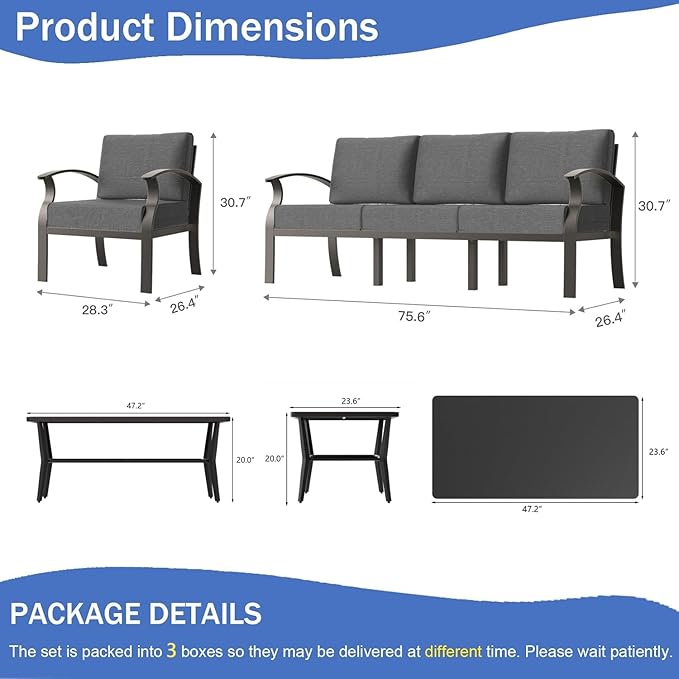 Aluminum Outdoor Patio Furniture Set,5 Seats Patio Conversation Sets with Rectangular Coffee Table,Metal Patio Sectional Furniture Set with 5.1" Thickened Cushions,Grey