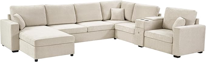 Merax Modern 134" U-Shaped Modular Sectional Sofa Couch with Cup Holders & Storage Drawers, Chenille 5-Seat Large Sectional Family Sofa with Chaise Lounge & Pillows for Living Room, Beige