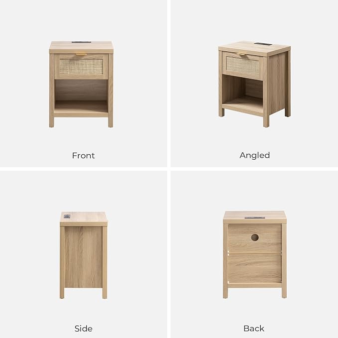 SICOTAS Night Stand with Charging Station - Rattan Nightstand with Type-C and USB Ports, Farmhouse Boho Bed Side Table with Drawer and Open Shelf for Bedroom Small Space, Light Oak - Image 9