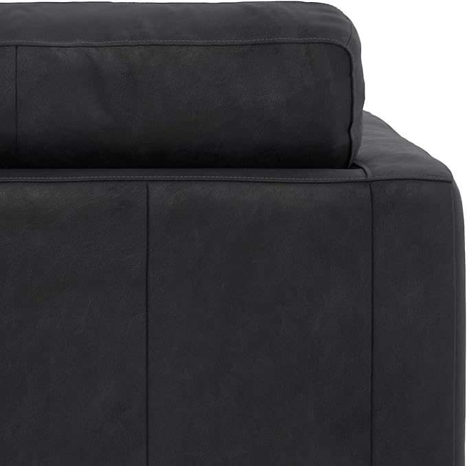SIMPLIHOME Morrison Arm Chair - 42 inch Wide Upholstered Genuine Leather Mid-Century Modern Accent Chair in Lead Black with Solid Wood Legs, Reversible Bolster Pillows and Reclined Back