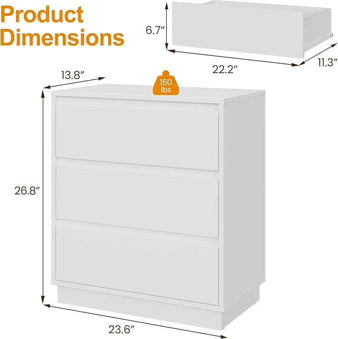 RoyalCraft White Nightstand Set of 3, 23.6" Night Stand with 3 Drawers Storage, Large Bedside Table, End Table for Bedroom, Closet - Image 2