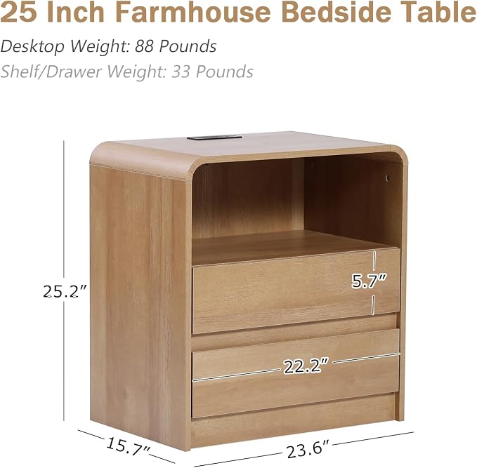 Modern Nightstands Set of 2, Oak Night Stand with Charging Station, Wood End Table with 2 Drawers, 23.6'' Wide Bedside Cabinet for Bedroom - Image 3