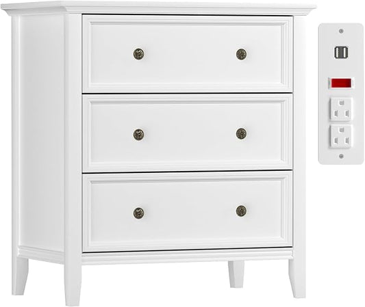 IKENO Solid Wood Nightstand with 3 Drawers and Power Outlet, Tall Bedside Cabinet 16.7" D x 27.6" W x 29.5" H, Single Unit for Bedroom, White by IKENO