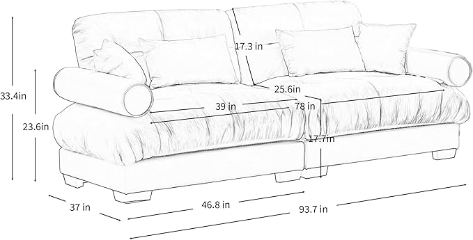 KEIKI 94" Oversized Velvet Modular Sectional Loveseat Sofa with High-Density Foam Cushions and Bolstered Armrests, Upholstered Modern Style 2-Seater Cloud Couch with 4 Pillow, for Living Room, Camel