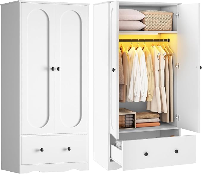 YATINEY Armoire Wardrobe Closet with Light Strip, 70.9" H Wooden Bedroom Armoire with 2 Doors, Drawer and Hanging Rail, Clothing Storage Cabinet for Bedroom, White