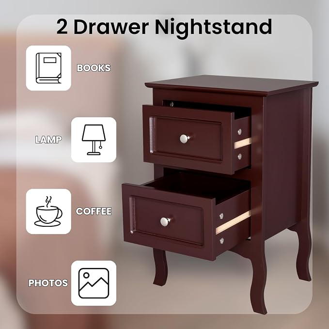 Karl home Brown Nightstand Set of 2 for Bedroom, Vintage Small Night Stand with Drawers, Farmhouse Side Table, Wooden End Tables with Curved Legs for Office, Mid-Century - Image 4