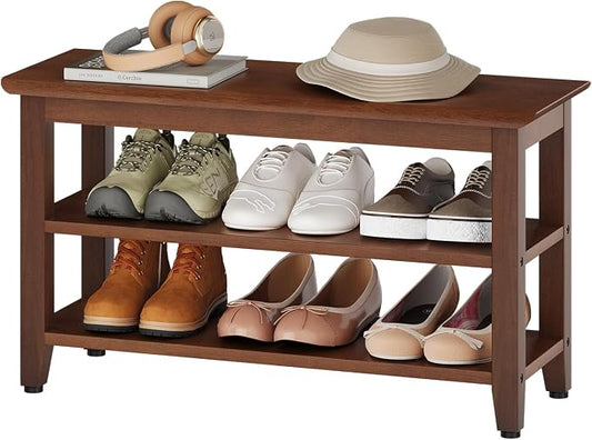Wood Shoe Bench for Entryway,Bench with Shoe Rack,Storage Shoe Organizer for Hallway,Living Room,Bedroom (Brown, 31.5''W×11.81‘’D×17.71‘’H) by Furshus