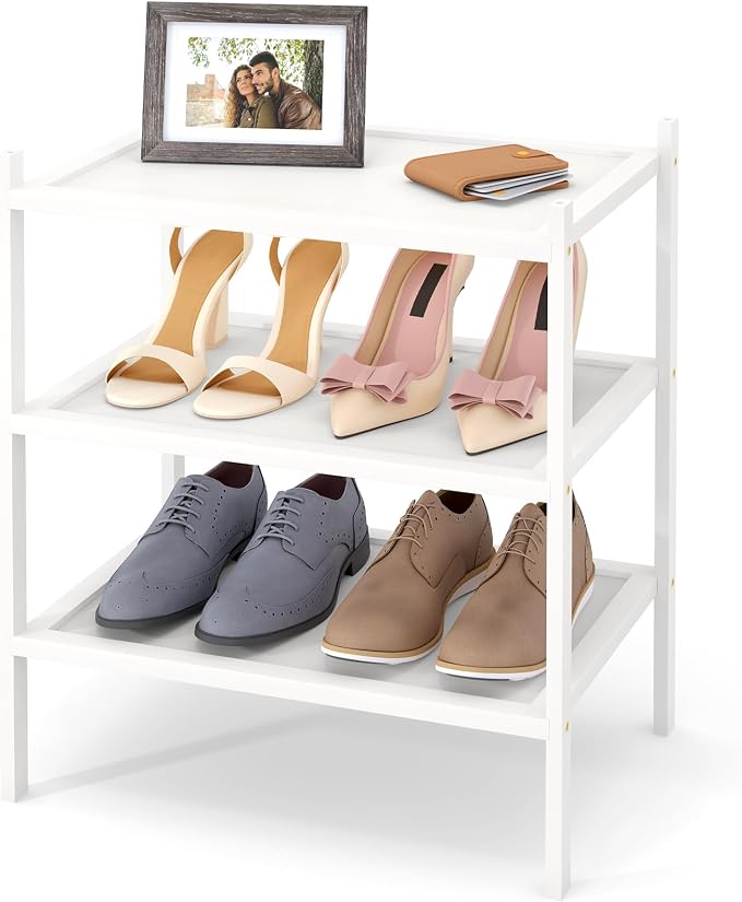 Smiry Bamboo Small Shoe Rack, 3 Tier Shoe Organizer for Entryway & Closet, Stackable Free Standing Storage Shelf for Shoes, Bags & Plants, White by Smiry