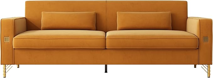 KEIKI 86" Oversized Luxury Velvet Sofa with Armrest and Removable Plush Cushions, Modern Style Gold Accents 3-Seater Couch with Solid Legs, Easy Assembly, for Living Room, Bedroom, Apartment, Orange