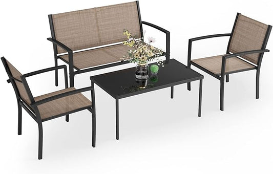 Greesum GS-LCT4PCSBN 4 Pieces Patio Furniture Set Outdoor Conversation Textilene Fabric Chairs for Lawn, Garden, Balcony, Poolside with A Glass Coffee Table, Brown