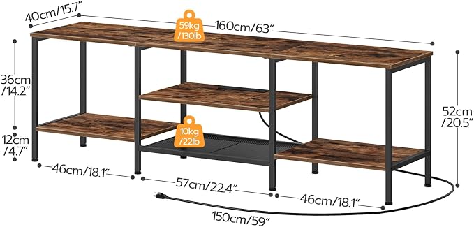 HOOBRO TV Stand with Power Outlets to 75 Inches, TV Console Table with Open Storage Shelves Cabinet, Industrial Media Entertainment Center for Living Room Bedroom, Rustic Brown and Black BF60DS01 - Image 2