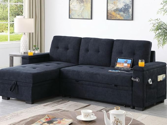 ERYE 84-Inch Multifunctional L-Shaped Sleeper Sectional Sofa with Reversible Storage Chaise, Tufted Corner Pull Out Sleeper Couch Bed W/Cupholders,USB-C Ports and Storage Armrests