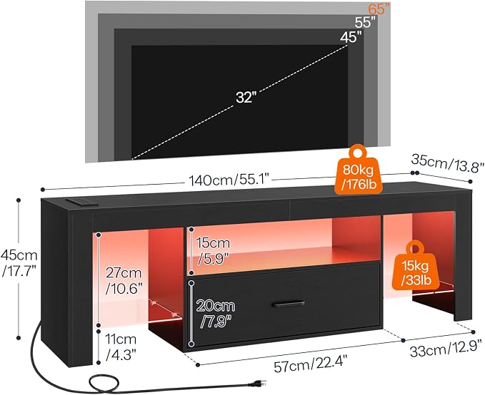 HOOBRO LED TV Stand with Power Outlets to 65 inch TV, Gaming Entertainment Center with Glass Shelves and Large Drawer, Modern Media TV Console Table for Living Room Bedroom, Black BB14UDDS01G1 - Image 3