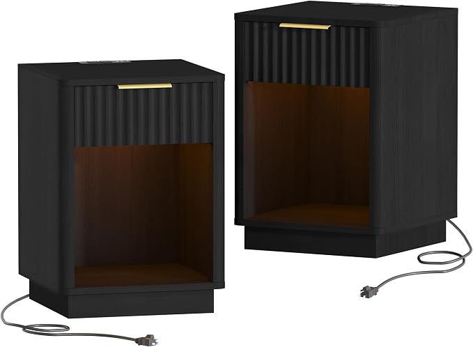 Akxomel Fluted Nightstands Set of 2, Wooden Night Stand with Charging Station and LED Light, Modern Mid Century End Table with Drawer, 15" D x 15.7" W x 22.6" H, for Bedroom, Black - Image 7