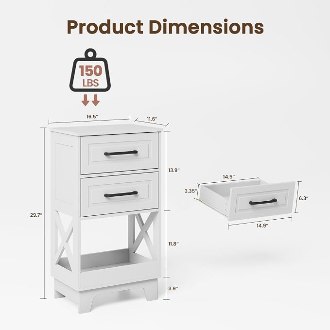 Tall Nightstand Set of 2 Side Table with 2 Drawers Modern Night Stand Wooden End Table Bedside Table with Below Open Shelf Solid Feet for Bedroom White - Image 3