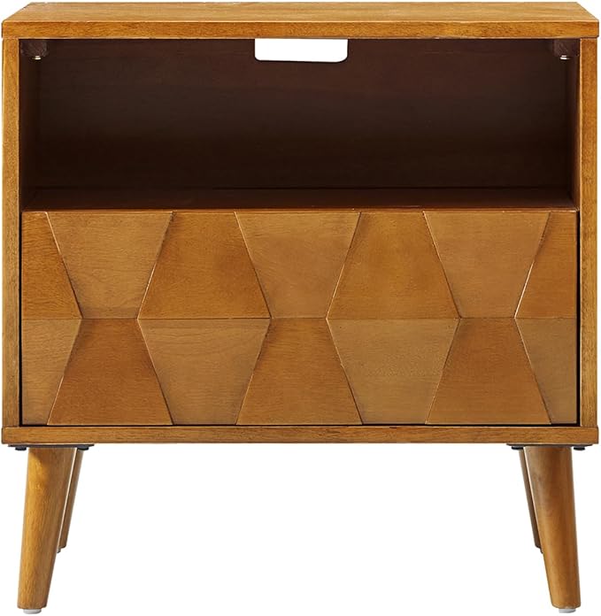 HULALA HOME Wood Nightstand with 1 Drawer & Open Shelf, Mid Century Modern Nightstand with Charging Station, Geometric Pattern Bedside Table for Bedroom, Acorn - Image 9
