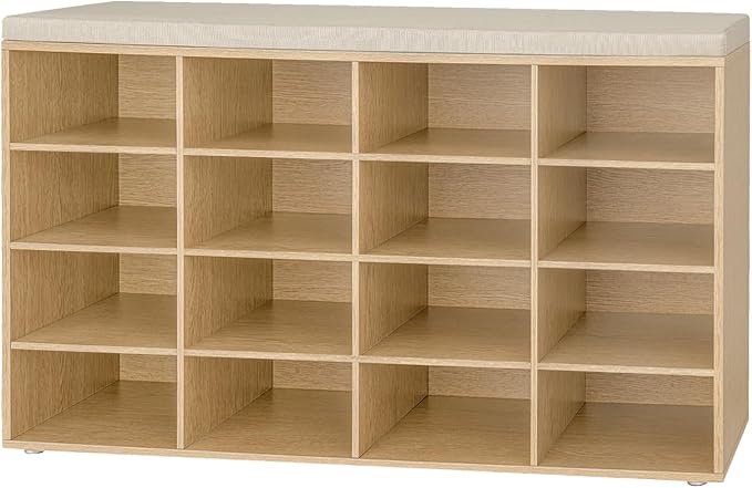 DINZI LVJ Shoe Storage Bench with Cushion, 16-Cubby Shoe Rack, Adjustable Shelves, 40.9" Long Shoe Organizer Bench for Entryway, Mudroom, Hallway, Garage, Natural and Cappuccino Beige by DINZILVJ