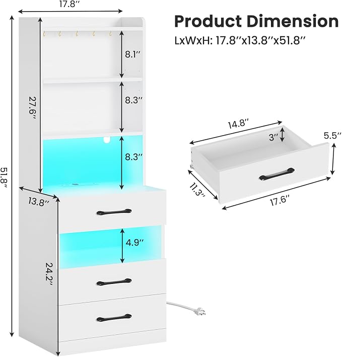 VIAGDO Tall Nightstand Set of 2 with Charging Station and LED Lights, White Night Stand Set 2 with Bookshelf, Modern LED Bedside Tables with 3 Drawers and Storage Shelves, Side Tables for Bedrooms - Image 2