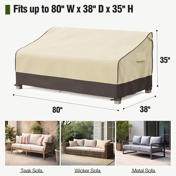 MR. COVER 3-Seater Outdoor Couch Cover Waterproof, 80 Inch Patio Furniture Covers Waterproof with All Weather Protection, Heavy Duty Outdoor Sofa Covers with Air Vent and Handles, Brown & Khaki - Image 2
