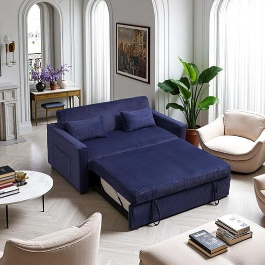 Ball & Cast 55" 3 in 1 Loveseat Futon Sofa-Bed,Convertible Pull Out Couch,Corduroy Upholstered Sleeper Sofa Bed with Adjustable Backrest,Side Pocket and 2 Pillows,Chaise Lounge for Living Room,Blue