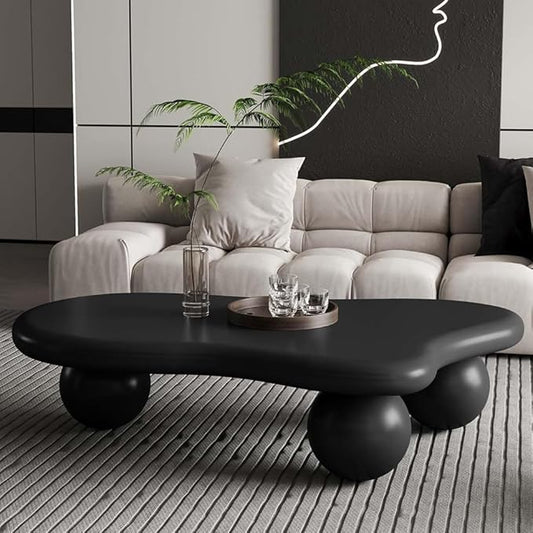 47" Cloud Coffee Table for Living Room Irregular Coffee Table Modern Low Coffee Tables Abstract Faux Stone Cute Center Table with 3 Ball Legs for Small Space Apartment Black