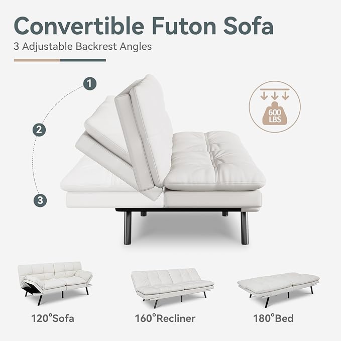 Futon Sofa Bed Convertible Couch, White Faux Leather Sofa Bed with Memory Foam, Adjustable Backrest & Armrests, Multifunctional Small Loveseat Sleeper Sofa for Living Room, Apartment, Office